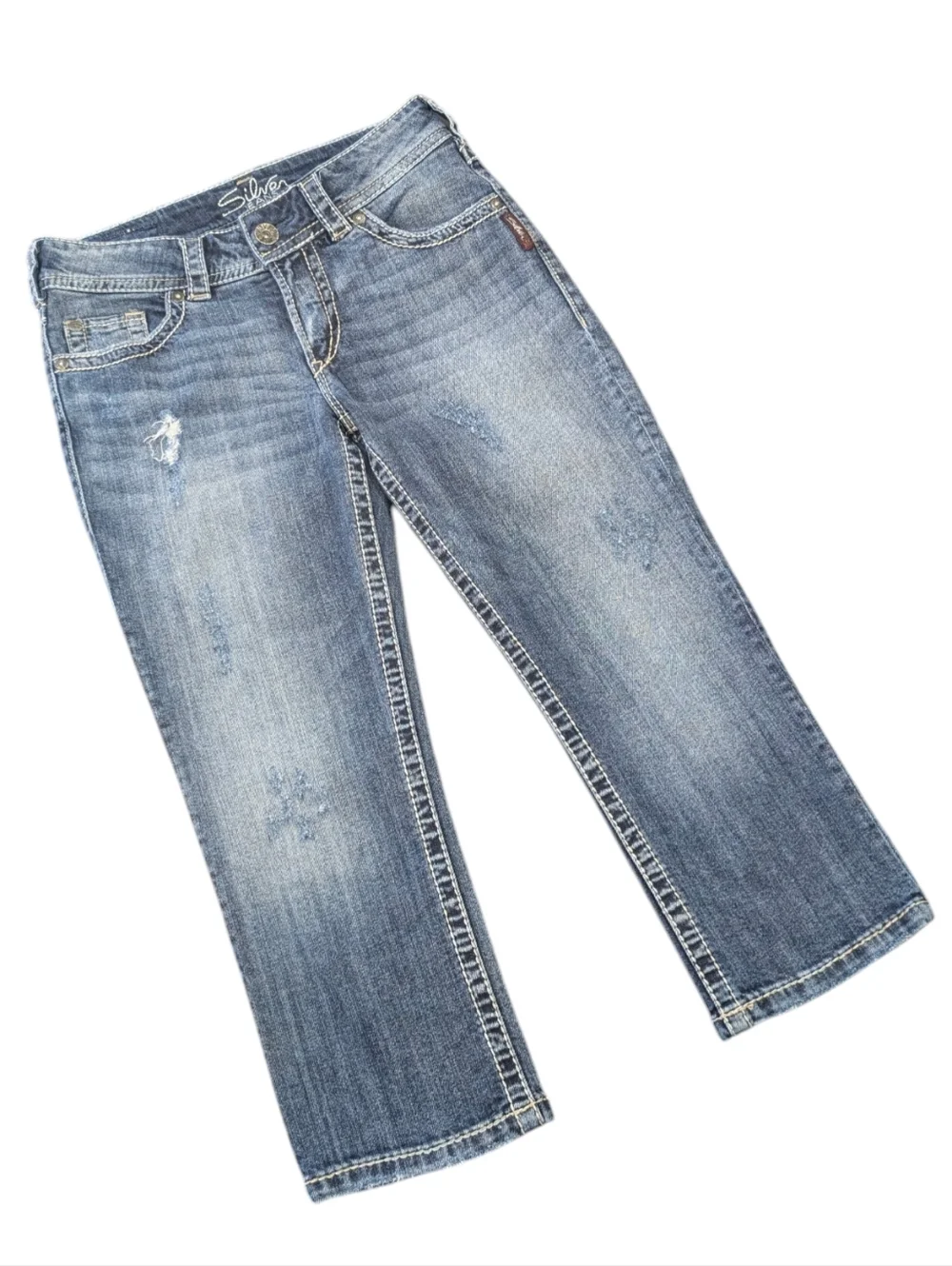 Vintage Y2K Silver Jeans Suki Surplus Capri Distressed Cotton Jeans. Size 28